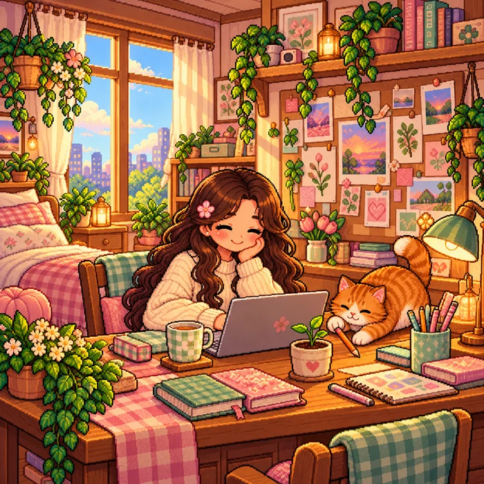 Cozy pixel-art room during the follicular phase