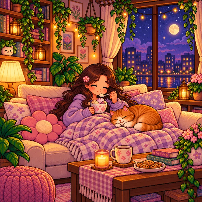 Cozy pixel-art room during the luteal phase